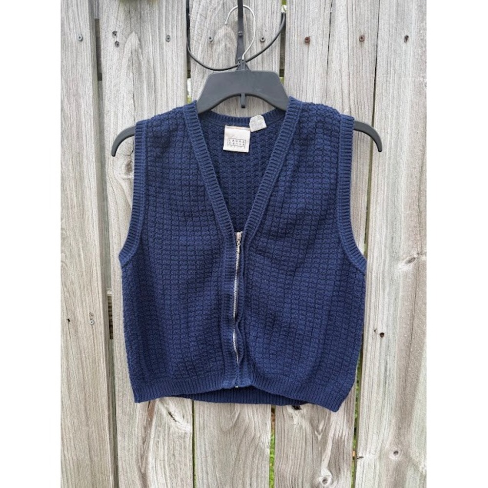 Vintage 90s Preppy Laura Gayle Zip Up Sweater Vest PM Navy Blue Waffle Knit